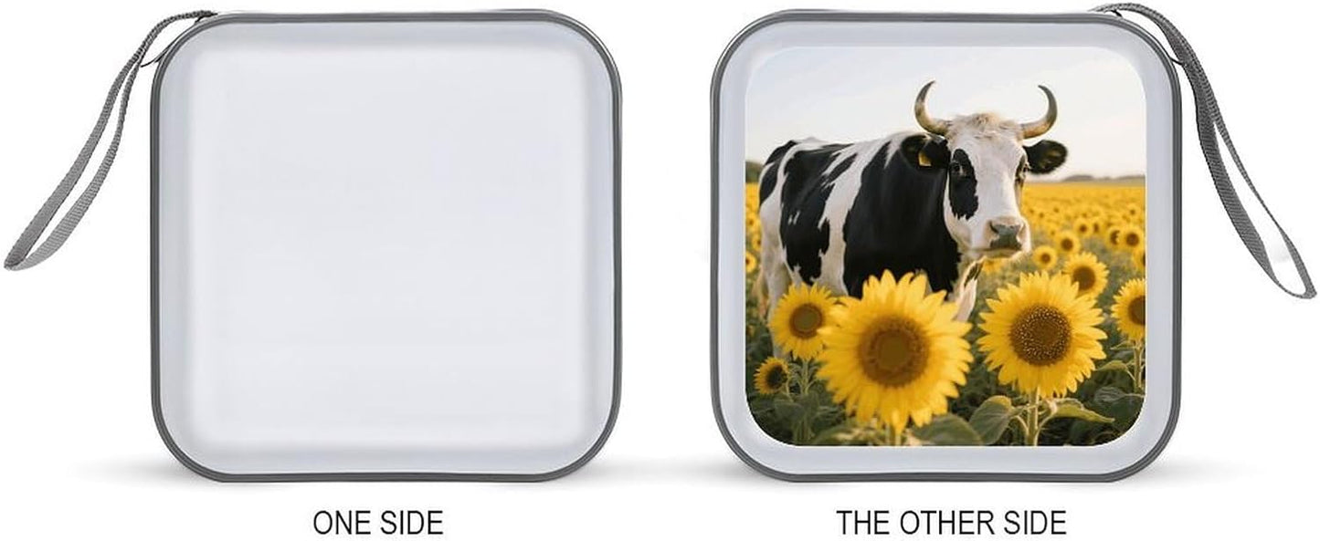 Cow Sunflowers CD Case Portable Zipper CD Case 40 Capacity Hard Plastic DVD Cases Holder Large Storage Disc Wallet Bag for Car Home Travel DVD Collection Bag