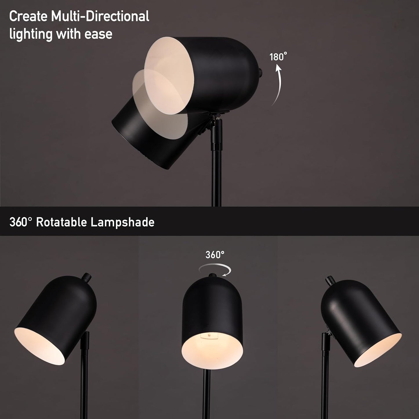 O'Bright Helios - Adjustable Tripod LED Floor Lamp, Dimmable, Swivel Head, Perfect for Reading and Task Lighting, Black