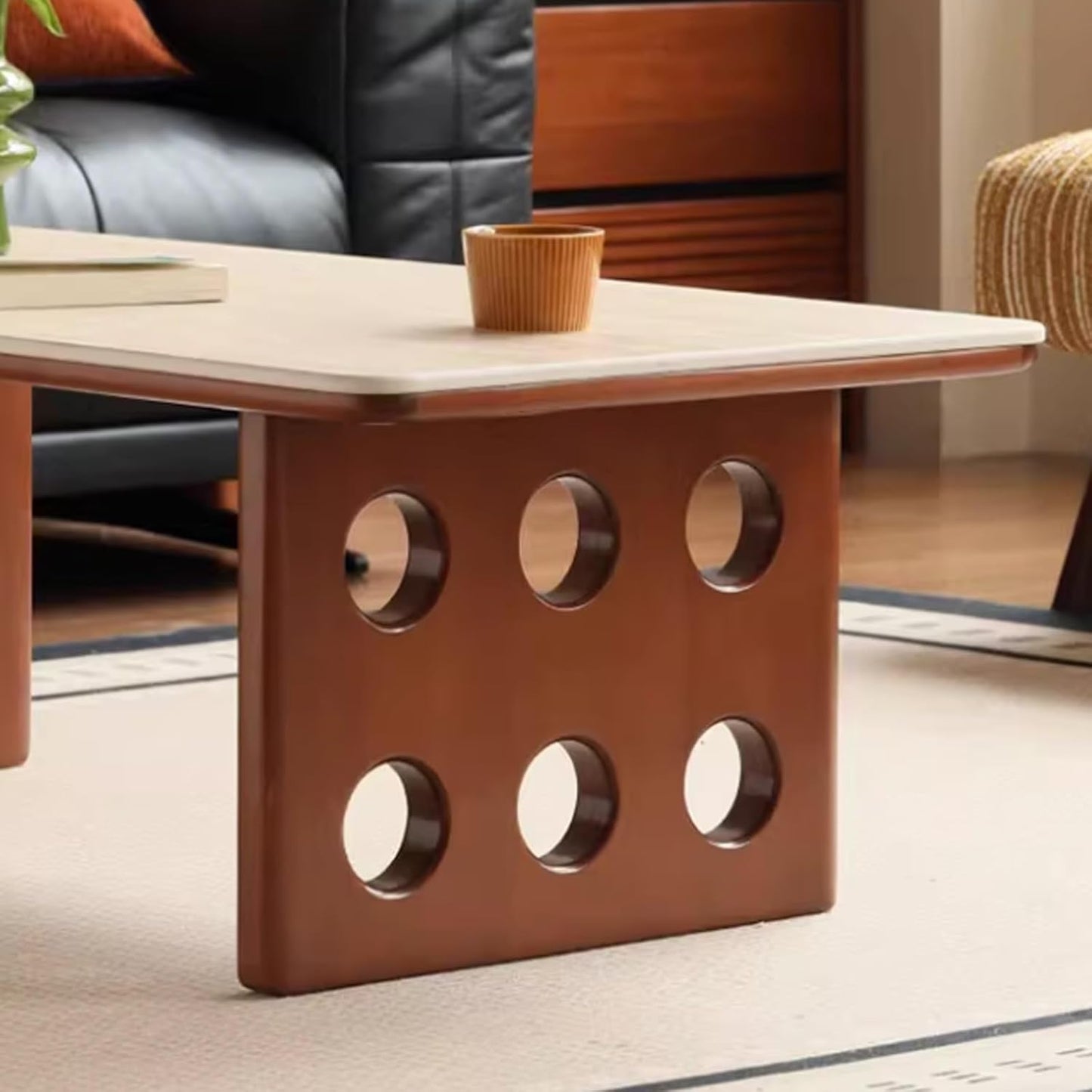 Modern rectangular Abstract Coffee Table Vintage-style solid wood Accent Low table with Slate tabletop Center Marble Living Room Table legs with creative round holes(100*50*40cm/39.4*19.7*15.7in)