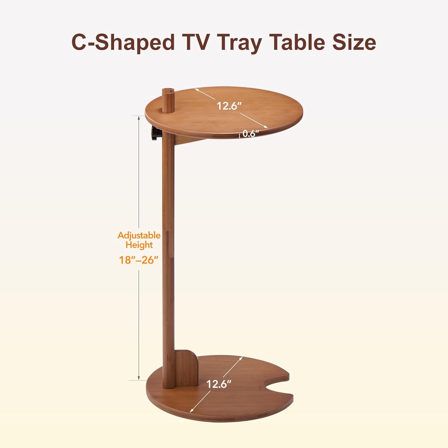 Bamboo C Shaped TV Tray Table, 18-26" Height Adjustable Round Side Table, Slide Under Couch End Table Laptop Desk for Small Spaces Living Room Bedroom (Walnut)