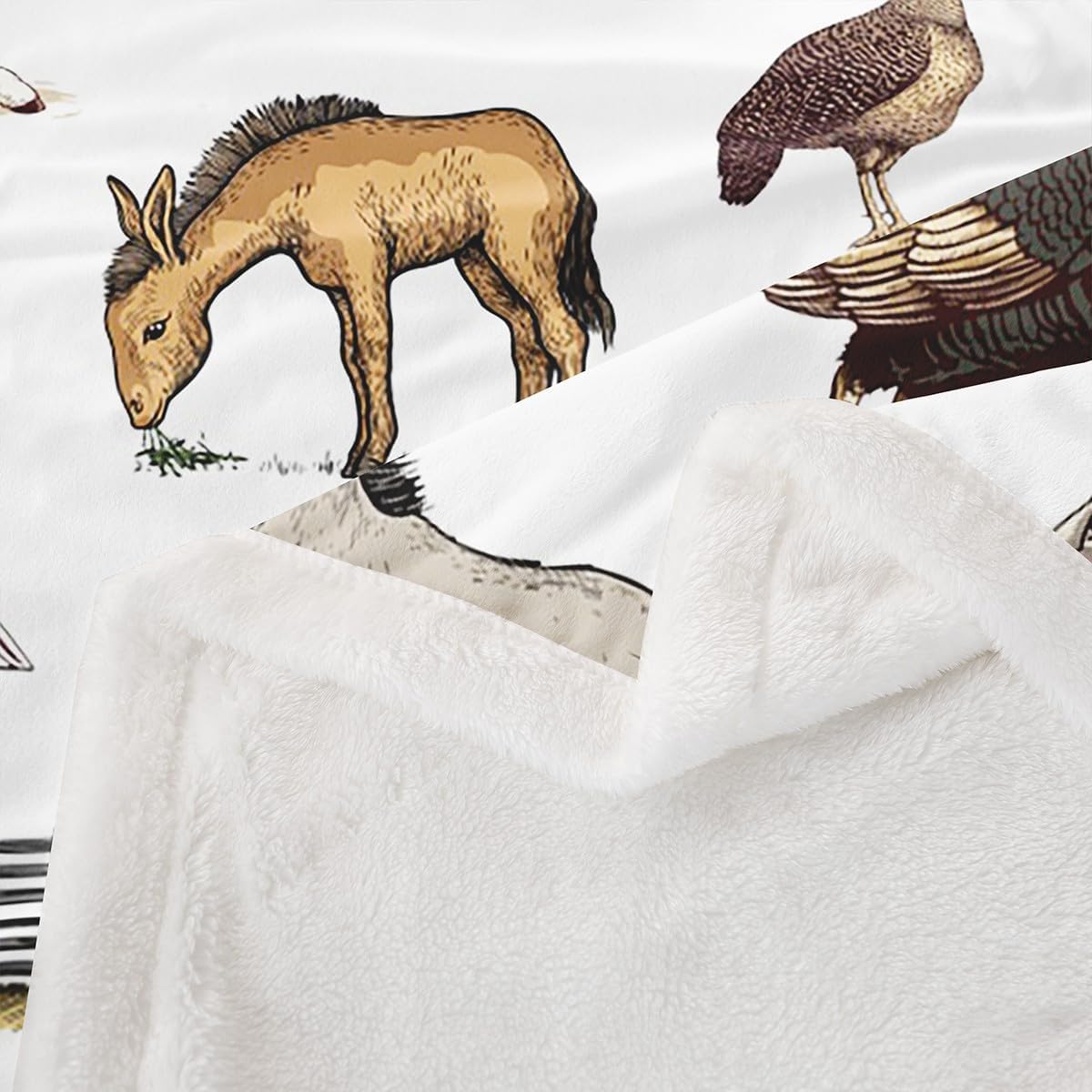 Farm Animals Fleece Blanket - Rustic Farmhouse Throw for Boys & Girls, Horse, Chicken, Rooster, Bull, Cattle, Cow, Sheep, Pig, Duck, Goose - Country Style Fuzzy Blanket, 40"x50" Room Decor