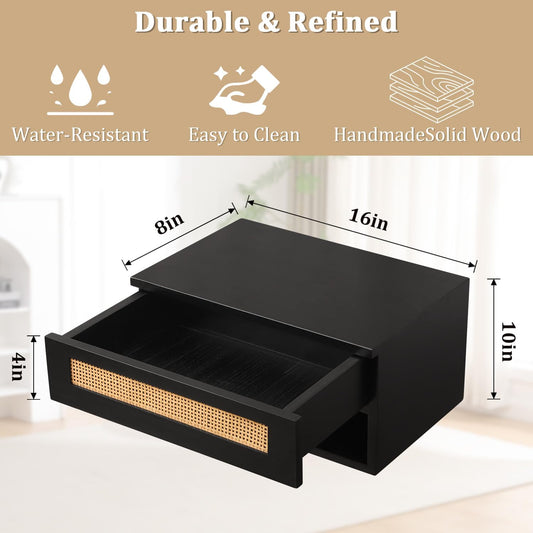 Floating Nightstand, Small Modern Rattan Floating Nightstand with Drawer, Floating Shelves for Bedroom, Bathroom Minimalist and Unique Style 16”x 10”x 8”Black