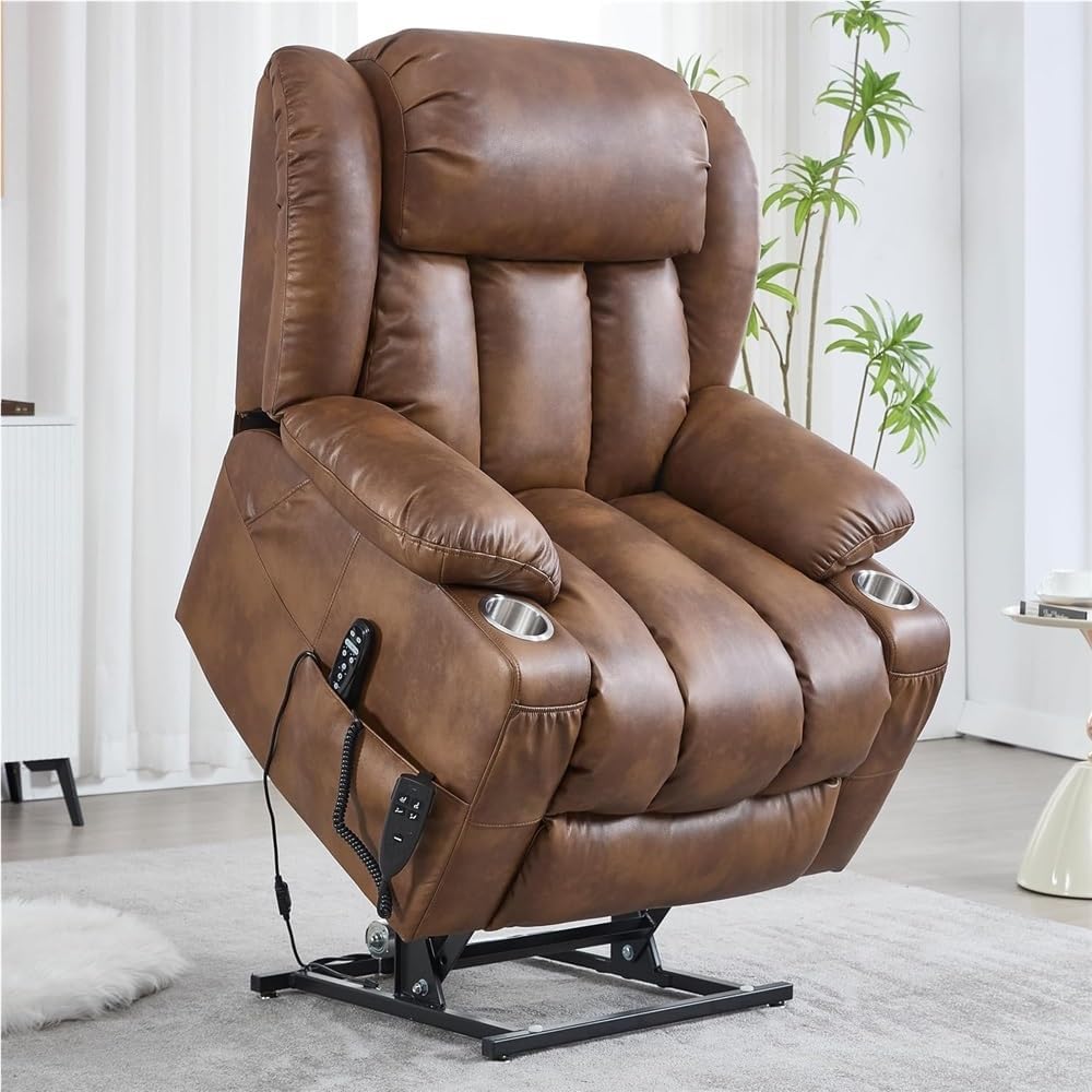 Dual Motor Power Lift Recliner Chair for Elderly and Seniors with Heat Massage and Lay Flat Function Breathable Brown Leather Reclining Sofa with Cup Holders and Remotes