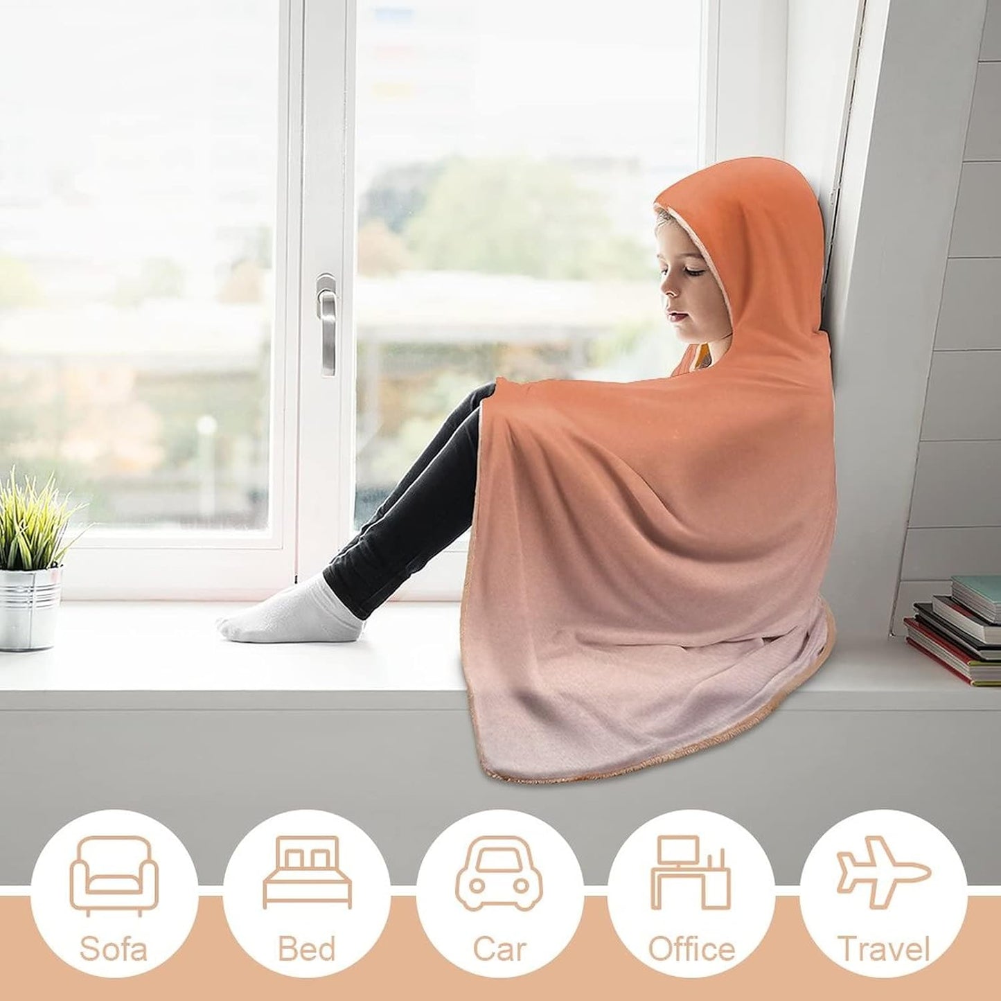Throw Blankets, Ombre Wearable Hooded Blanket for Adults, Scorching Sunset in The Hot Desert Inspired Dusk, Soft Warm Cozy, 50 x 60inches, Studying Reading Snuggling Napping Office, Orange