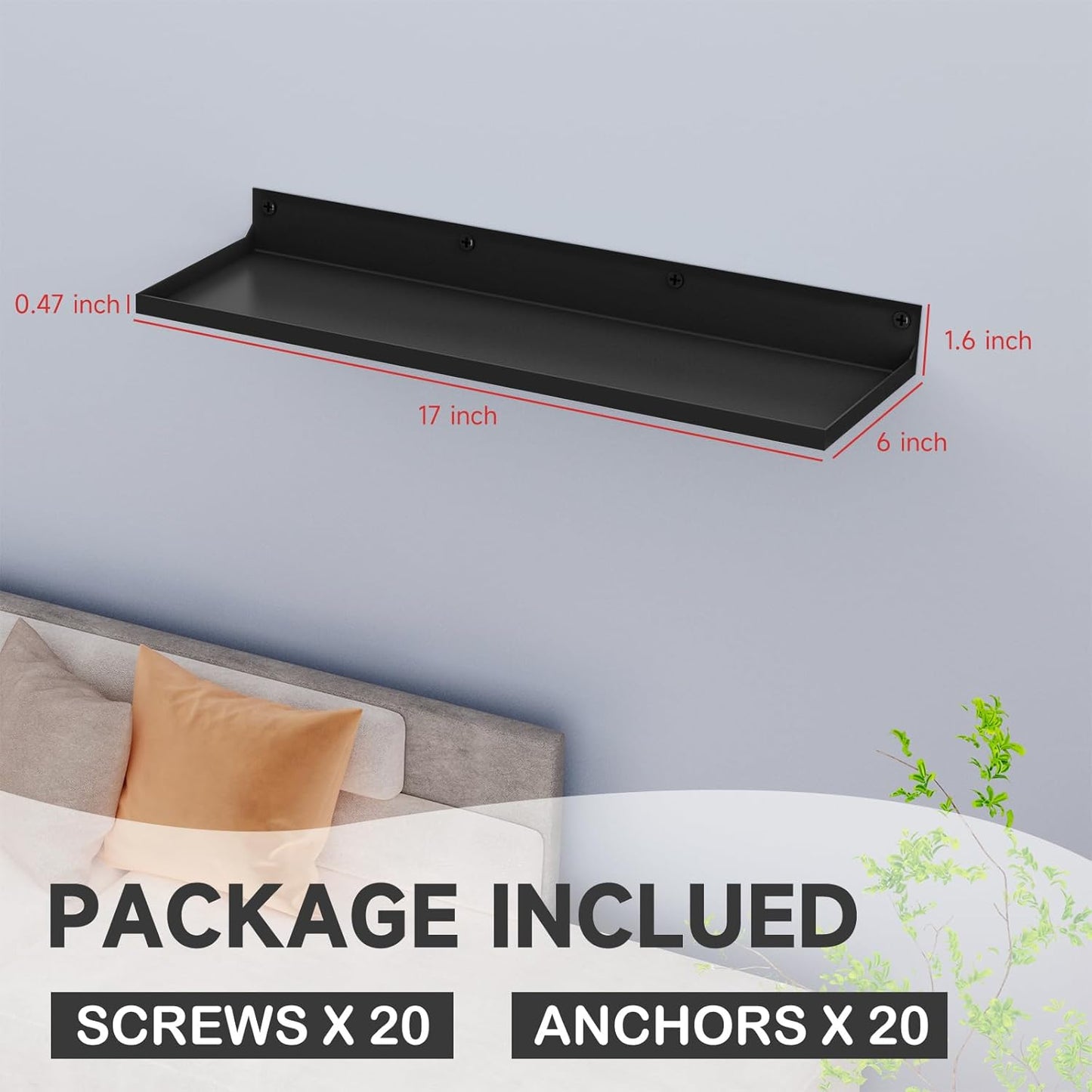 PEKGRIL 4 Pack Metal Floating Shelves, 17x6 Inch Large Wall Mounted Shelf for Storage, Black Kids Bookshelf, Display Ledge Shelves with Lip for Bathroom, Bedroom, Living Room, Bathroom, Kitchen