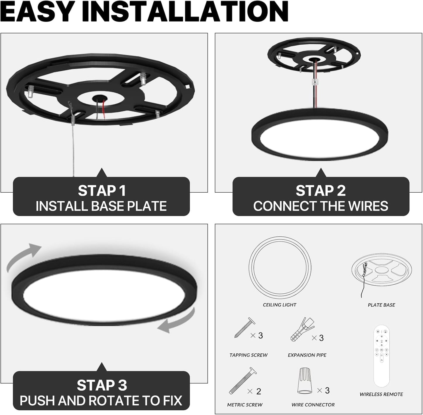 Dimmable LED Flush Mount Ceiling Light Fixture with Remote Control, 24W 2400LM, 12Inch, 2000K Warm Night Light & 3000K-6500K, Modern Super Slim Ceiling Lamp for Bedroom Kitchen, Black, 1 Pack