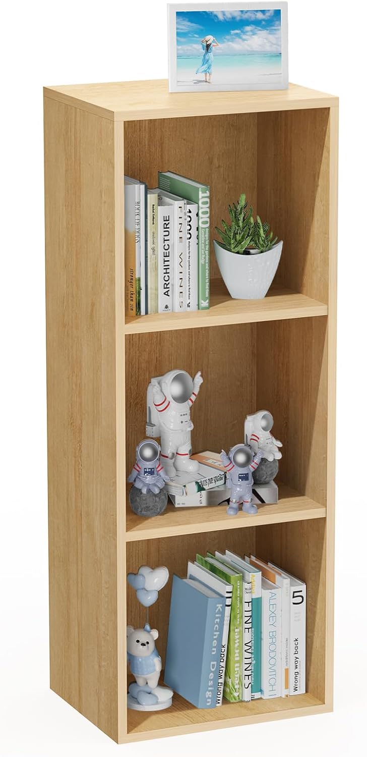 3 Tier Bookshelf, Narrow Bookcase for Small Spaces, Wooden Book Case Bookshelves Storage Organizer for Bedroom Living Room Home Office (Oak, 3 Cube)