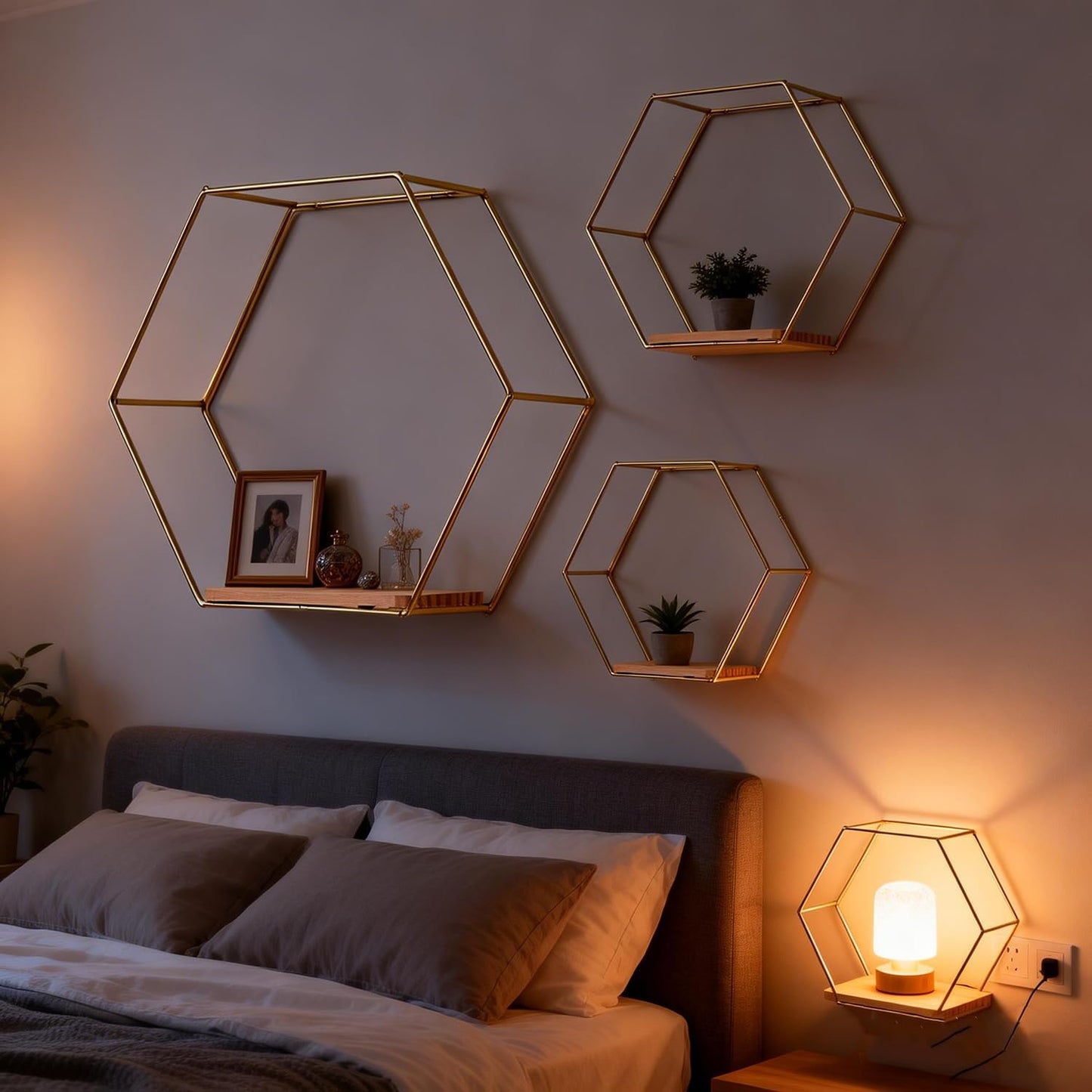 3 Pieces Hexagon Floating Shelves, Hexagon Wall Shelves, Gold Metal Wall Shelves with Wooden Panels – Modern Wall Decor for Bedroom, Living Room & Office Storage (Gold)