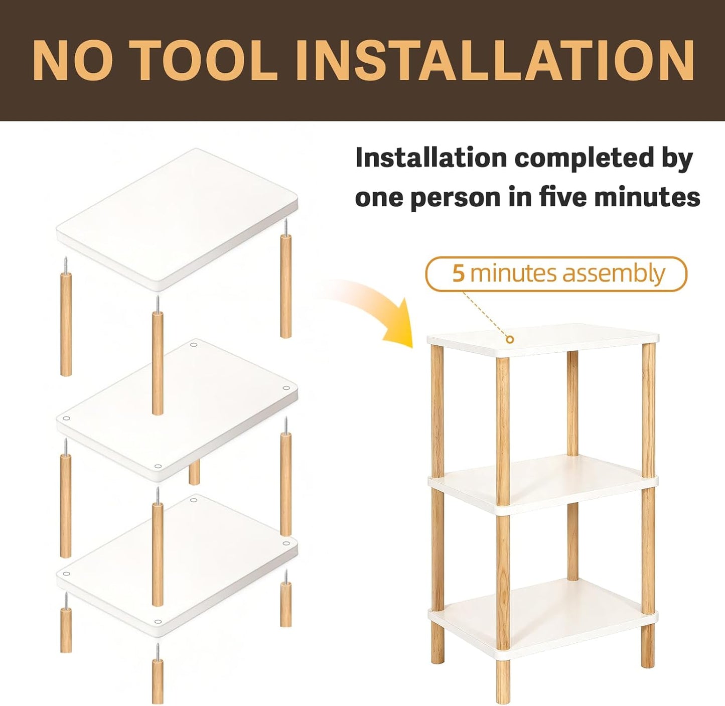 YGYQZ 3 Tier End Table，Tall Side Table with Solid Wood Legs，Small Bedside Table with Storage Shelf，Nightstand for Small Spaces，Living Room,Bedroom，29 in Hight,No Tool Installation,White+Natural