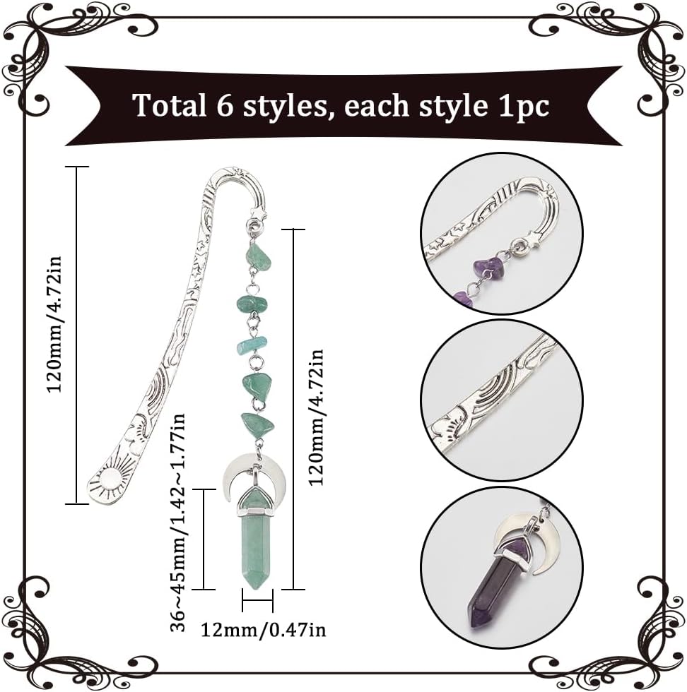 SUNNYCLUE 6Pcs Stone Bookmarks Charm Book Marks Antique Silver Metal Alloy Vintage Natural Synthetic Gemstones Crystal Dangle Pendant Hook Book Makers for Books Teacher Friend Reading Accessories