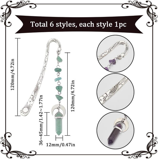 SUNNYCLUE 6Pcs Stone Bookmarks Charm Book Marks Antique Silver Metal Alloy Vintage Natural Synthetic Gemstones Crystal Dangle Pendant Hook Book Makers for Books Teacher Friend Reading Accessories