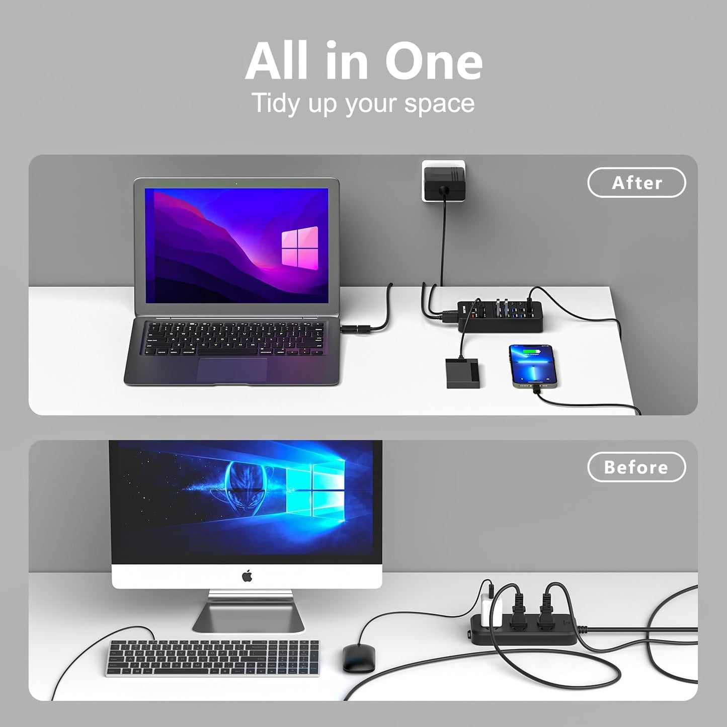 Powered USB Hub,14 Ports USB Data Hub Splitter with 6 USB 3.0 Port,4 Charging Port,1 USB-C 3.0 Data Port,1 PD 60W Charging Port w LED Individual On/Off Switches for MacBook,Mac Pro,Laptop/PC