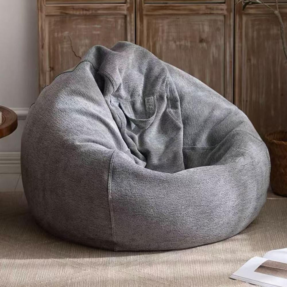 Bean Bag Chair (No Filler) Washable Chenille Vevet Bean Bag Cover Adults Kids Pouf Sofa Cover Couch Beanbag Ottoman Relax Lounge Futon Puff Floor Seating Living Room Furniture(Gray,100cm-3.3ft)
