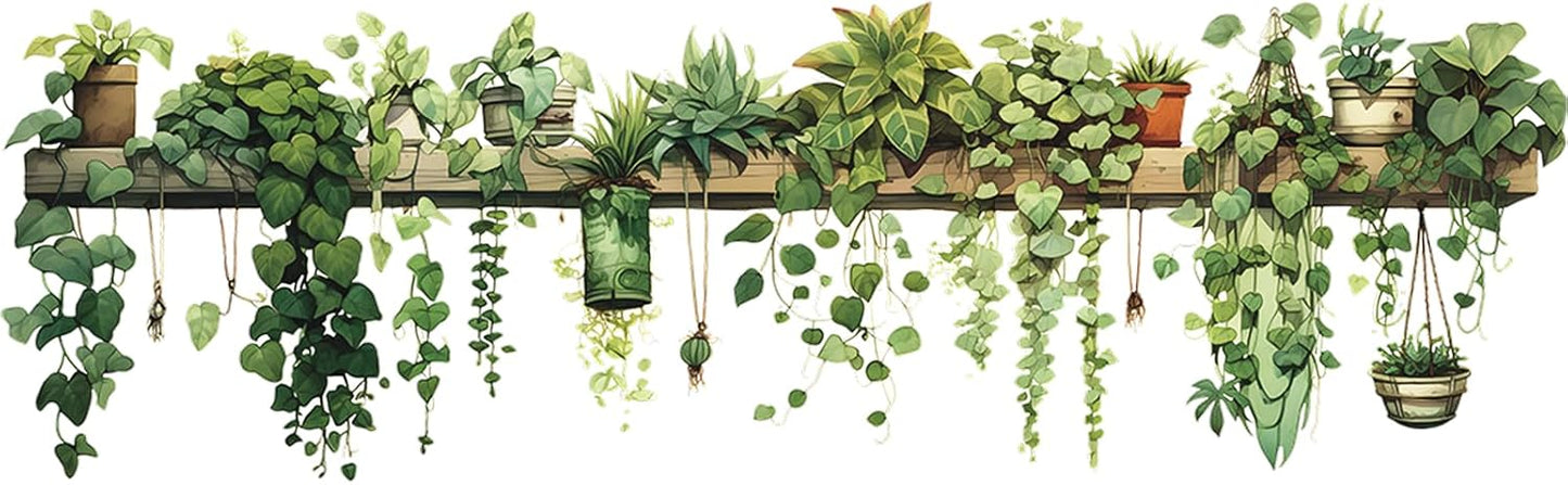 Nature Green Plants Peel and Stick Wall Decals Wallpaper, Removable Wall Decals Shelves Green Plants Vinyl Art Wall Stickers & Murals for Living Room Kitchen Bathroom Decoration (A-Green)