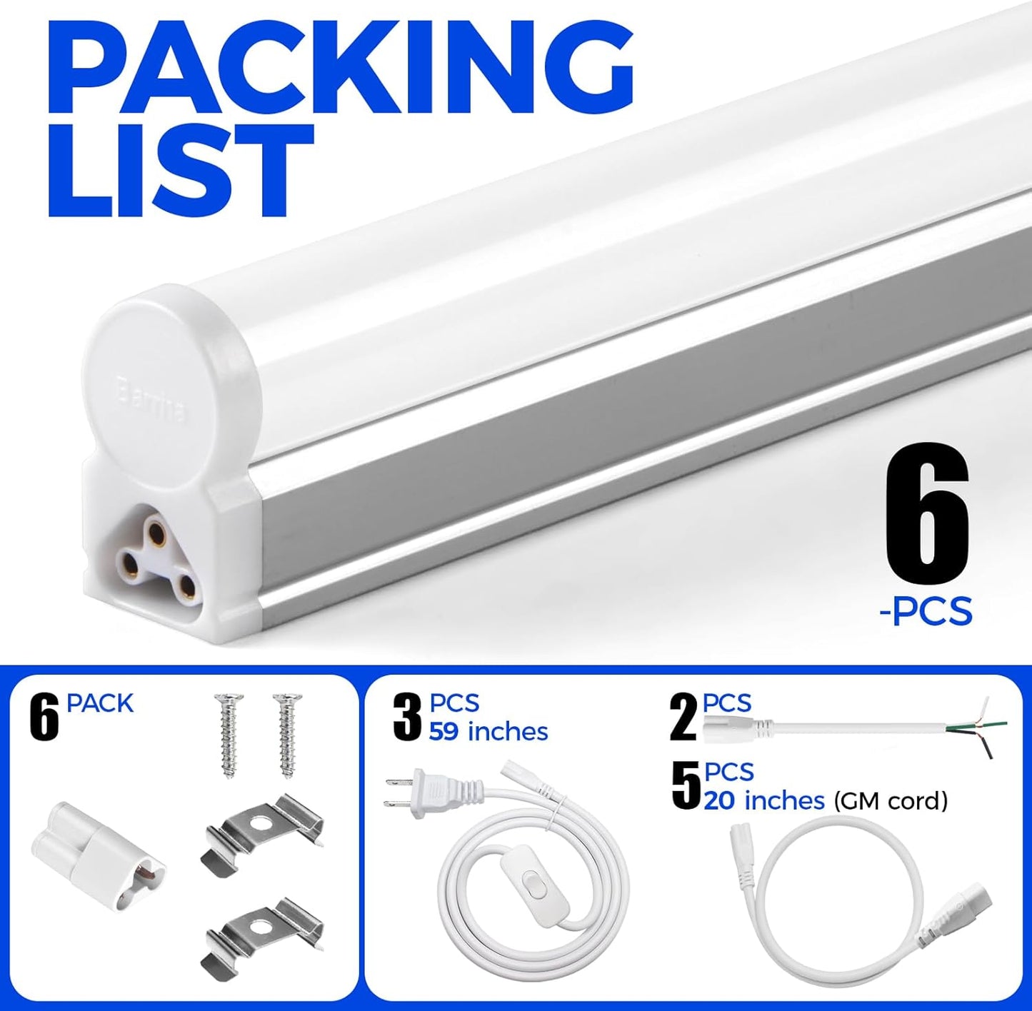 Barrina T5 LED Shop Light 2FT, 6500K (Super Bright White), Utility Shop Lights, Ceiling and Under Cabinet Light, ETL Listed, Corded Electric with Built-in ON/Off Switch, 6 Pack