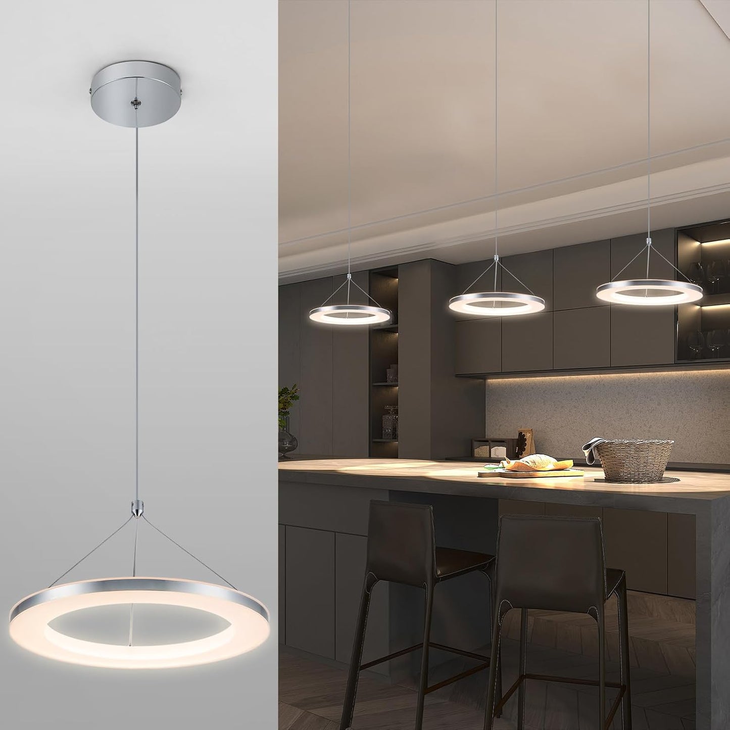 CHYING LED Pendant Lights Kitchen Island, 11.8" 15W Warm White Modern Ring Chandelier, Adjustable Height Silver Hanging Pendant Ceiling Light for Dining Room Bedroom Hallway Entryway, 3000K