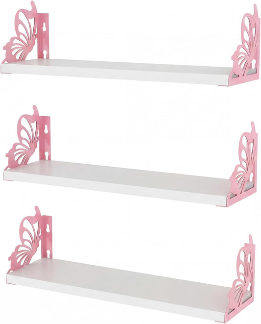 Hoikwo 3 Pack Butterfly Wall Shelves, White Pink Floating Book Shelves, for Mother, Mom, Women, Girls, for Preppy Room Decor, Living Room, Bedroom Decor Aesthetic