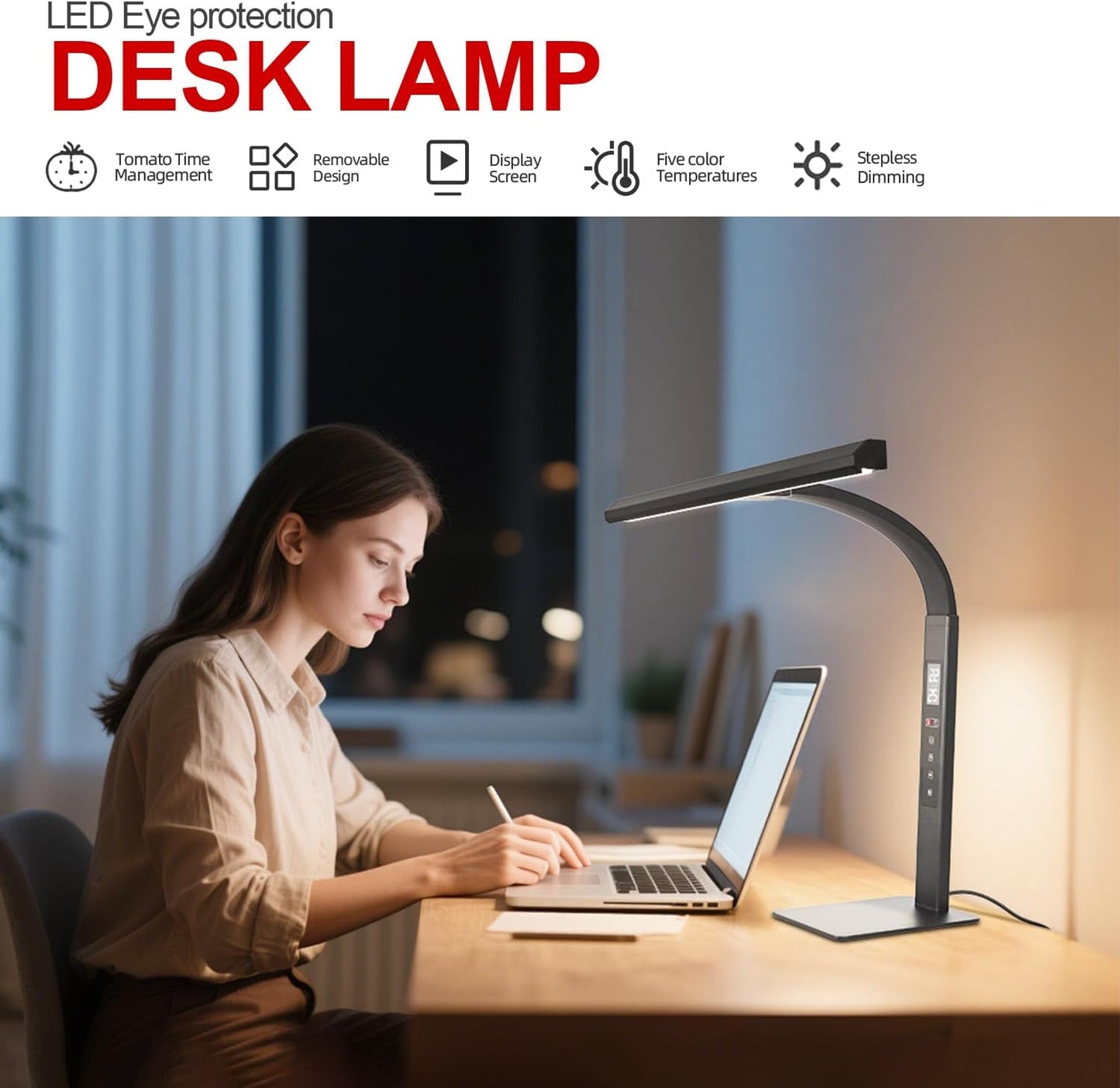 LED desk lamp for home office, architect computer work light,Touch color temperature stepless dimming and adjustable flexible gooseneck tube. desk lamp with clock , suitable for reading and studying.