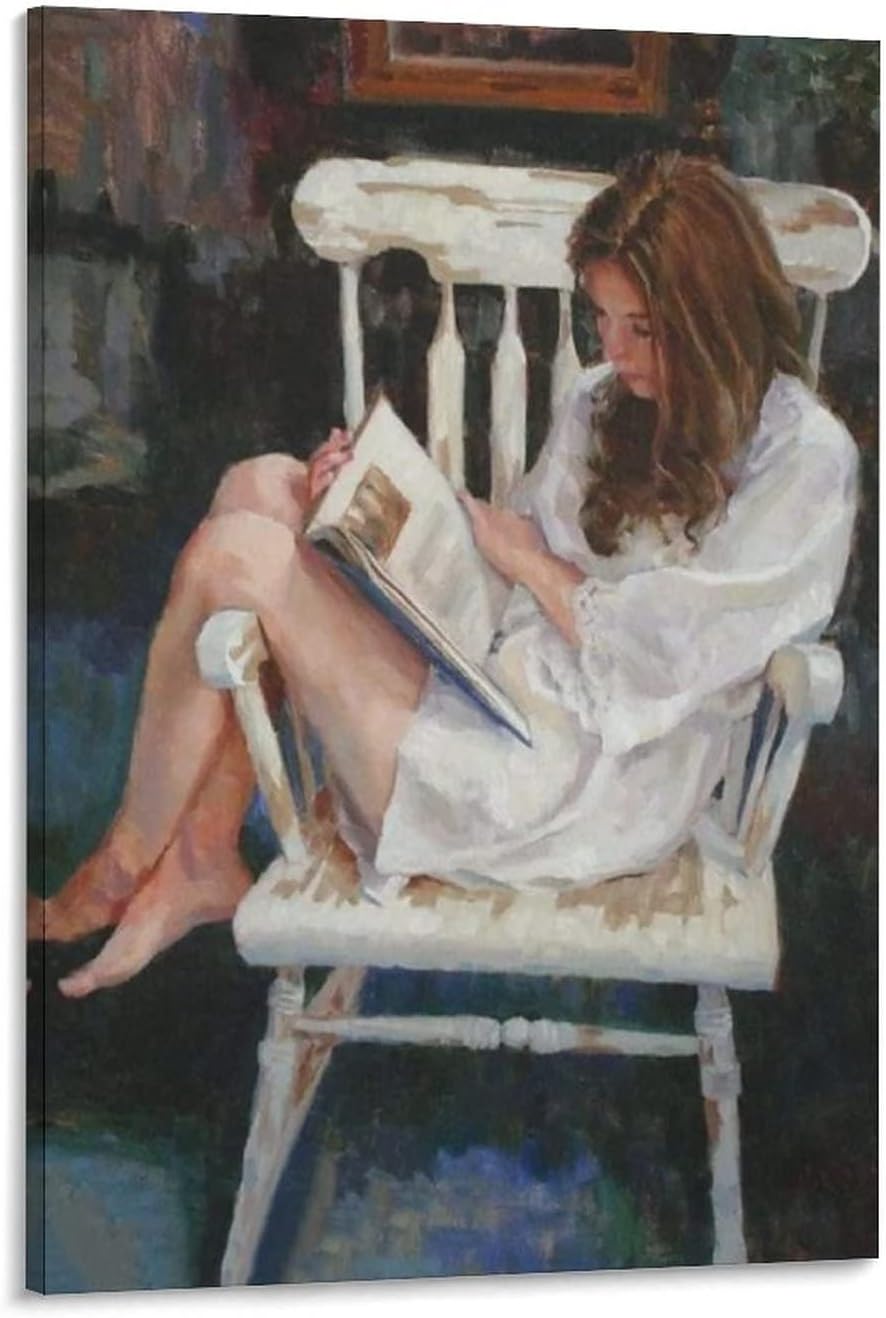 Girl Sitting on Antique Chair Reading A Book Oil Painting Painting Modern Wall Art Canvas Wall Art P Canvas Painting Wall Art Poster for Bedroom Living Room Decor 24x36inch(60x90cm) Frame-Style