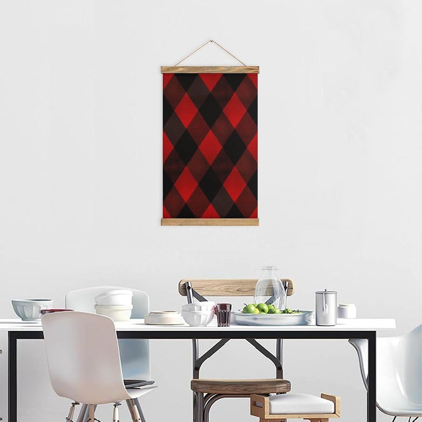 Vintage Plaid Red And Black Poster with Wooden Frame Personalized Linen Hanging Scroll Painting Rustic Wall Hanging Illustrative Modern Artwork Decor for Home Living Room Bedroom Office