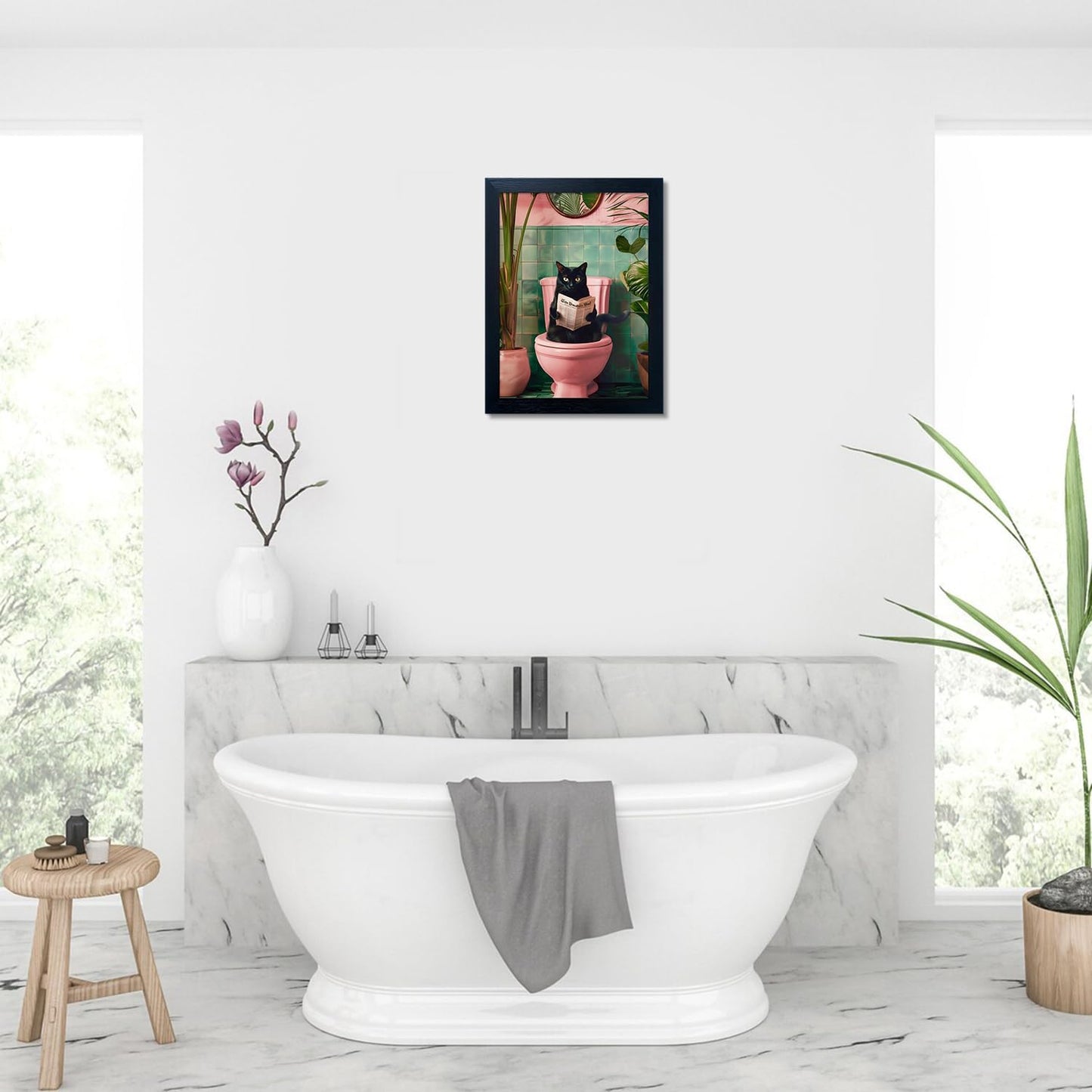Framed Black Cat Bathroom Decor Pink Trendy Girly Wall Art Funny Cat Reading Toilet Decor Farmhouse Picture Wall Decor
