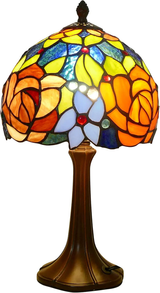Tiffany Table Lamp Romantic Double-Color Roses Handmade Stained Glass Desk Lamps 8" Wide 15" Tall Vintage Reading Lamp for Office, Living Room, Bedroom, LED Bulb Included