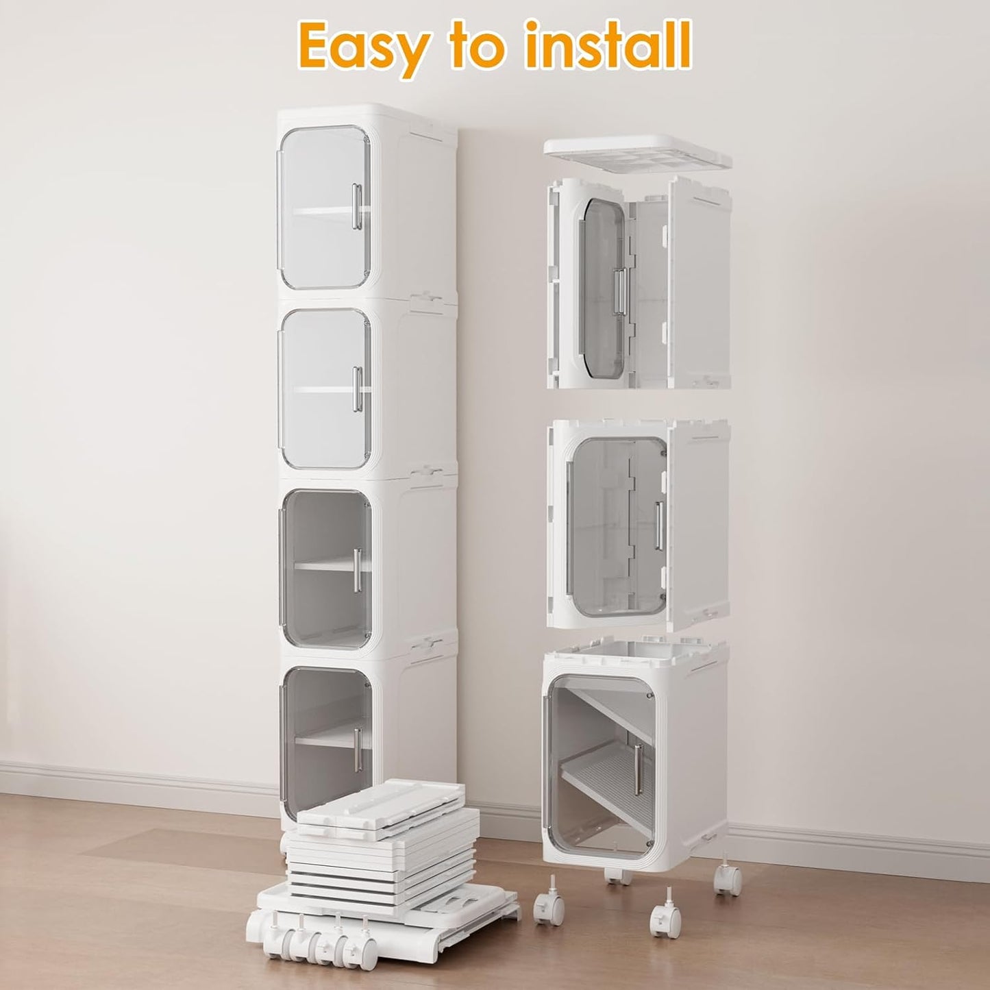 HIYOHIYO 4-Tier Tall Narrow Bathroom Storage Cabinet with Movable and Locking Wheel Design, Slim Storage Cabinet with Adjustable Shelves for Small Space and Kitchen Narrow Spaces, White (Width 8.5")