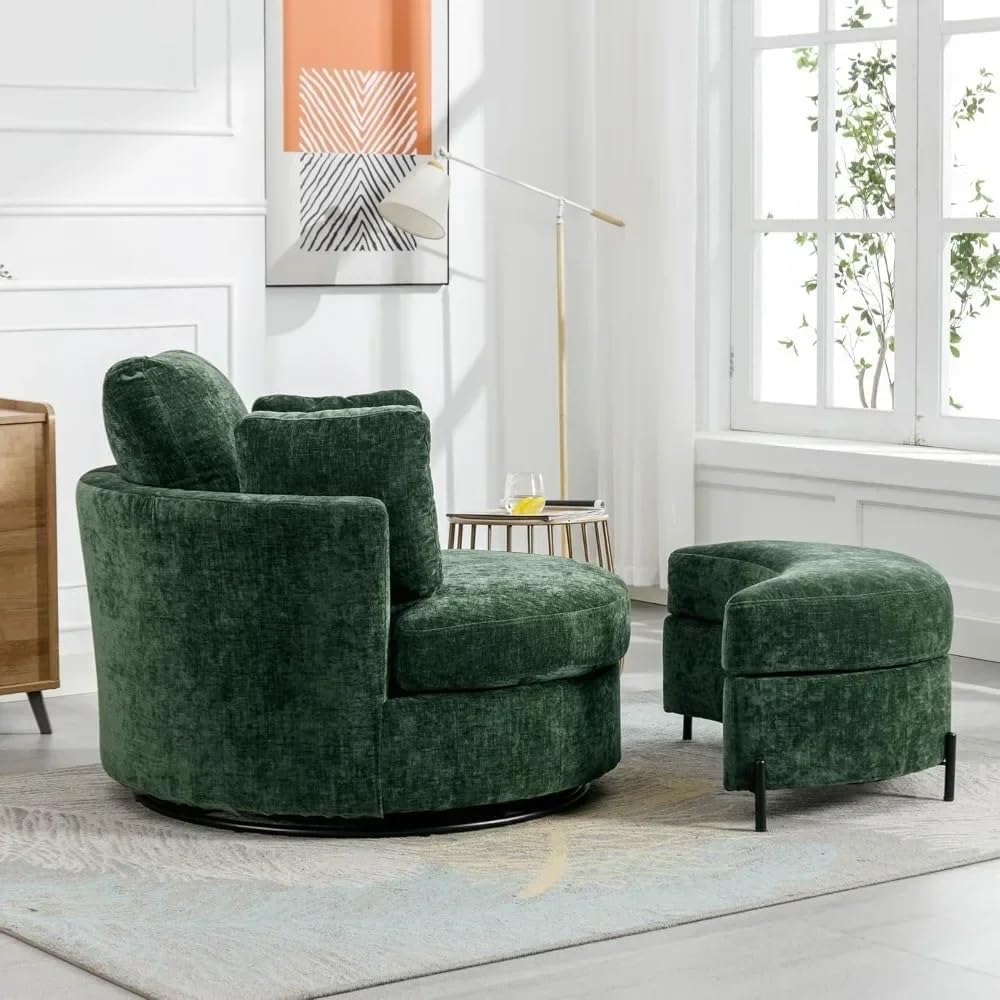 360° Swivel Barrel Chair Large Chaise Lounge Chair Comfy Big Round Cuddle Reading Chair for Living Room with Storage, Footstool