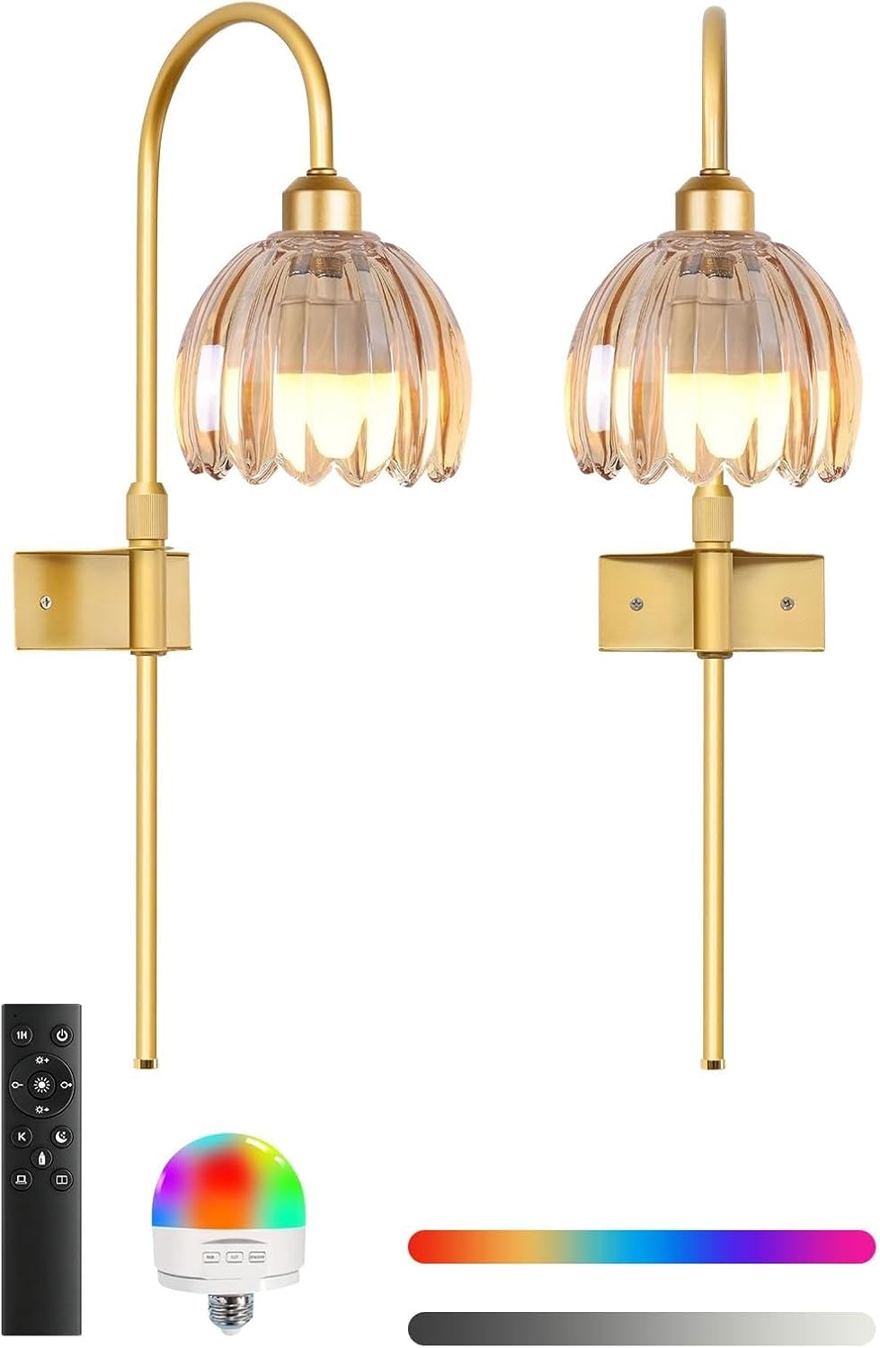 Vintage Battery Operated Wall Sconces Set of Two, Flower Wireless Rechargeable Battery Powered Wall Lights Lamp with Remote Control & Green Glass Lampshade,Gold Wall Sconces for Bedroom Living Room