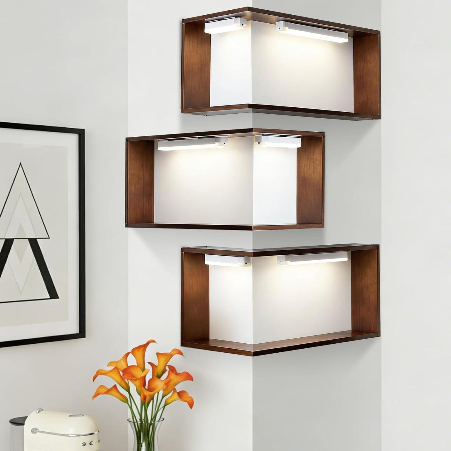 Floating Corner Shelves with Light, Set of 3 Corner Floating Storage Shelves for Living Room Bedroom Office Kitchen, Space-Saving (Including 6 LED Lights)