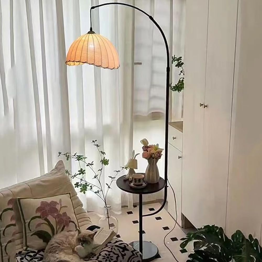 Modern Arc Floor Lamp Height Adjustable Floor Light Moon Linen Tall Lamp with Desktop Switch E27 3-Color Light Dimmer Fixture for Living Room Reading Room Office