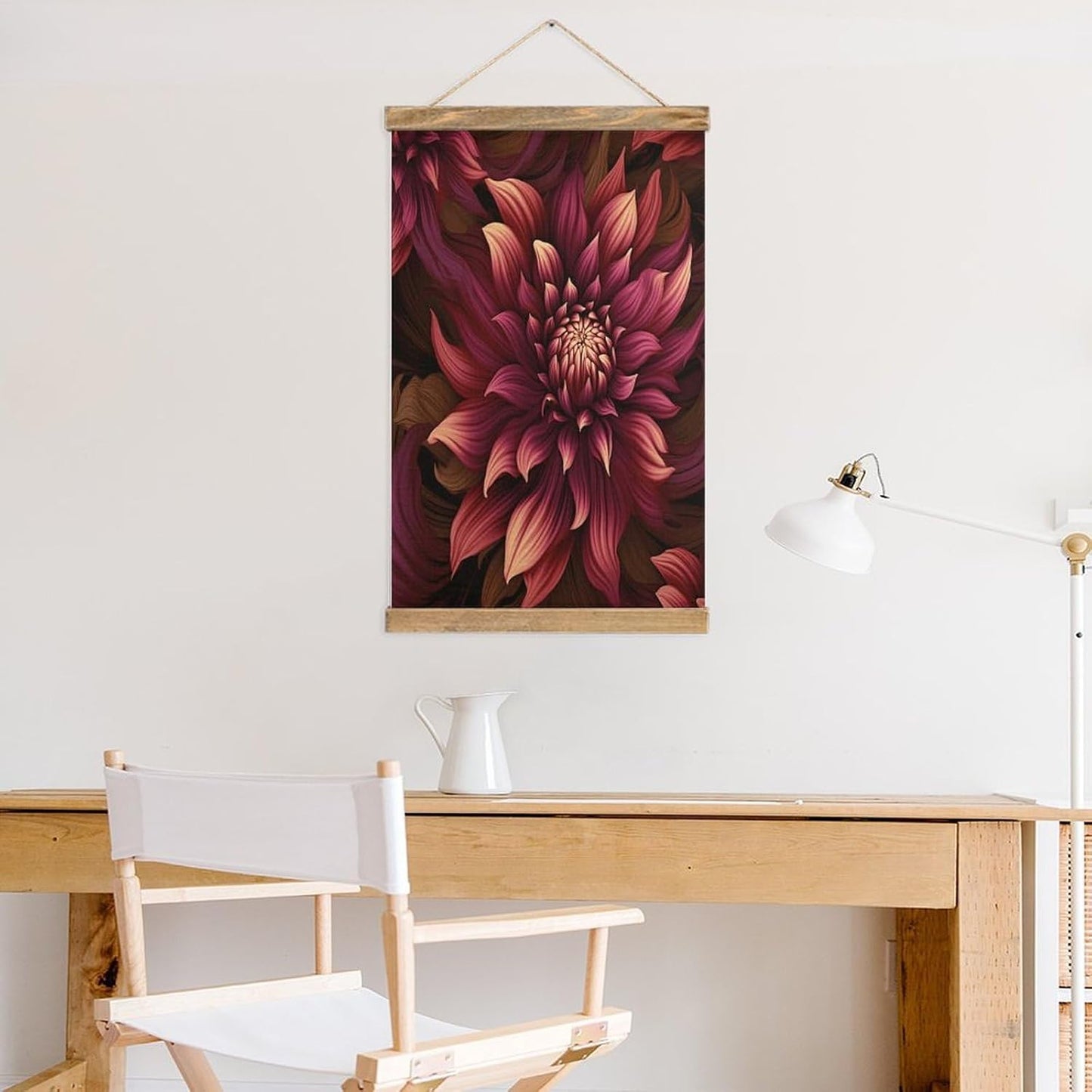 Vintage Wine Red Artistic Flower Poster with Wooden Frame Personalized Linen Hanging Scroll Painting Rustic Wall Hanging Illustrative Modern Artwork Decor for Home Living Room Bedroom Office