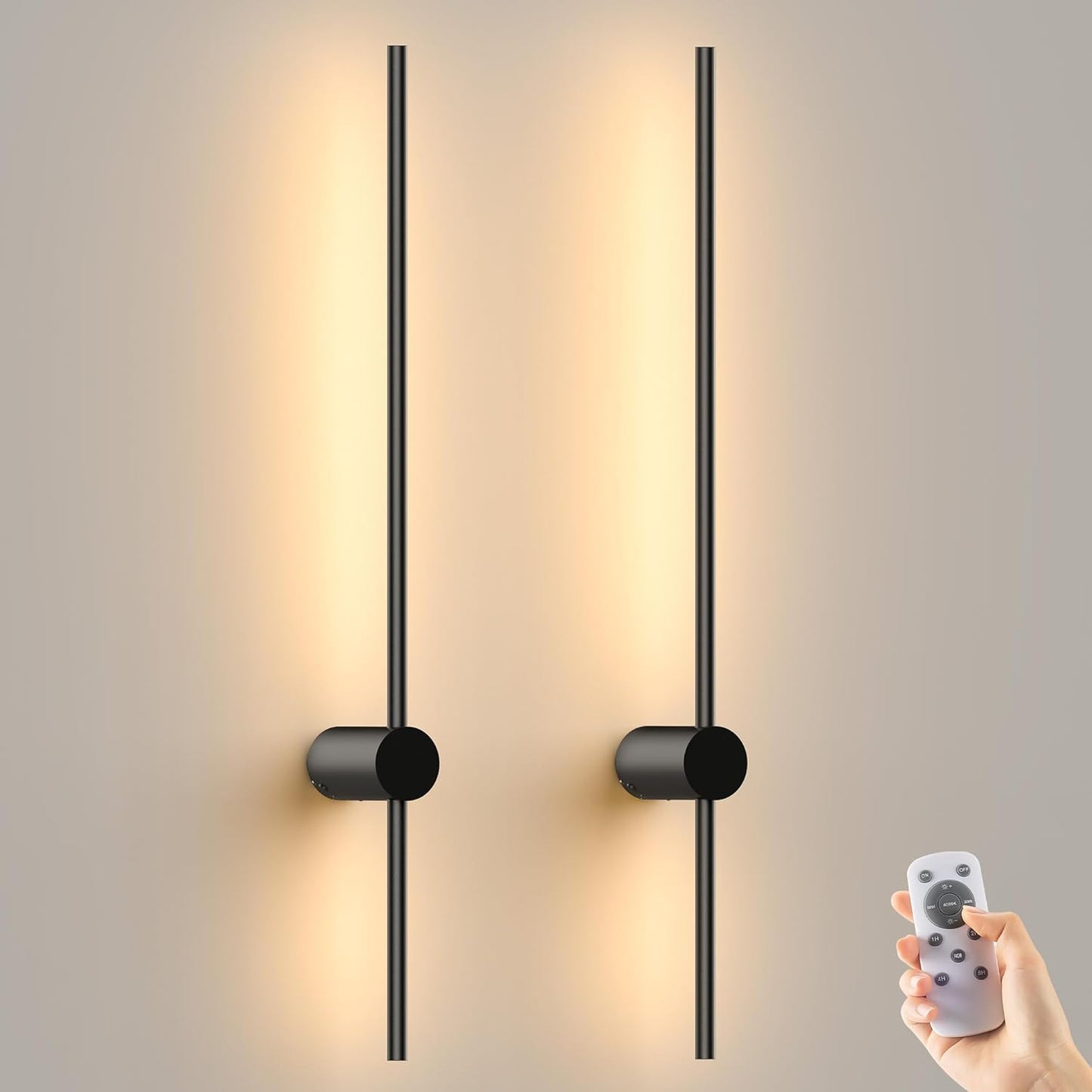 Battery Operated Wall Sconces Set of 2,10000mAh Rechargeable Wireless Sconces with Remote Control,Dimmable Wall Lamps with 7 Colors,35.4 Inch Modern Black Wall Lights for Bedroom, Living Room