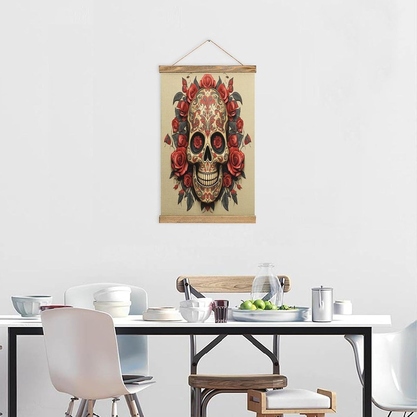 Vintage Red Rose Sugar Skull Poster with Wooden Frame Personalized Linen Hanging Scroll Painting Rustic Wall Hanging Illustrative Modern Artwork Decor for Home Living Room Bedroom Office