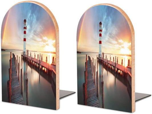Rainbows Lighthouse Seaside Wooden Bookend Non-Slip Book Ends Heavy Duty Book Stopper with Metal Base Books Holderd Decorative Bookends Stands Firmly for Office Supplies