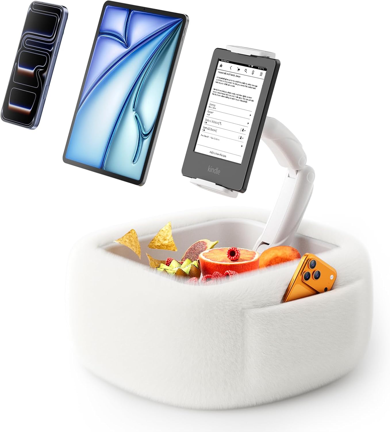 LULULOOK Ultra Fluffy Kindle Pillow Stand for Reading, Lap Tablet Pillow Stand with Snack Bowl & Foldable Arm Compatible with iPad, Phone and 4.7-14.6” Tablet for Book Reading in Bed