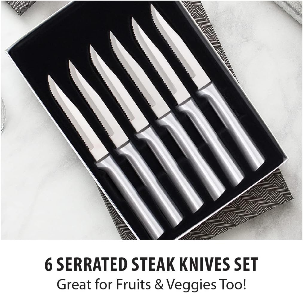 Rada Cutlery Six Serrated Steak Knives Gift Set (S6S), 6-Piece Knife Set, Stainless Steel Blades, Silver Handle