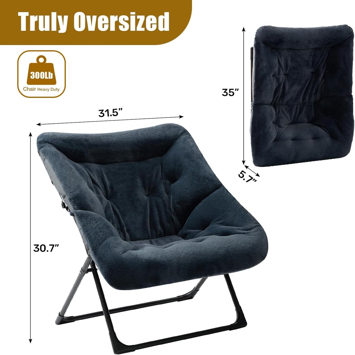 HollyHOME X-Large Saucer Chair, Comfy Oversized Folding Chair, Faux-Fur Reading Chair for Teens, Adults, Foldable Accent Lazy Chair, Metal Frame Lounge Chair for Living Room, Bedroom, Dorm, Navy Blue