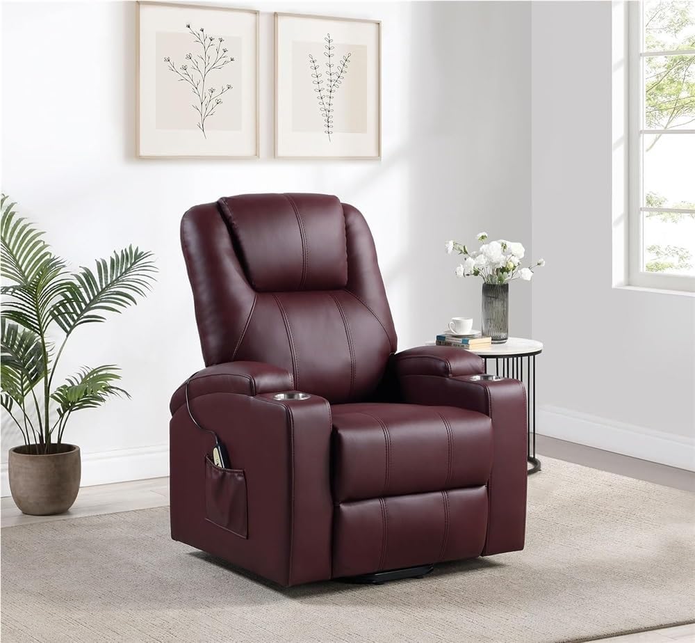 Power Lift Recliner Chair with Massage, Upholstered Leather Reclining Chair with Side Pockets, Comfortable Electric Recliner Chair, Single Sofa Recliner for Living Room