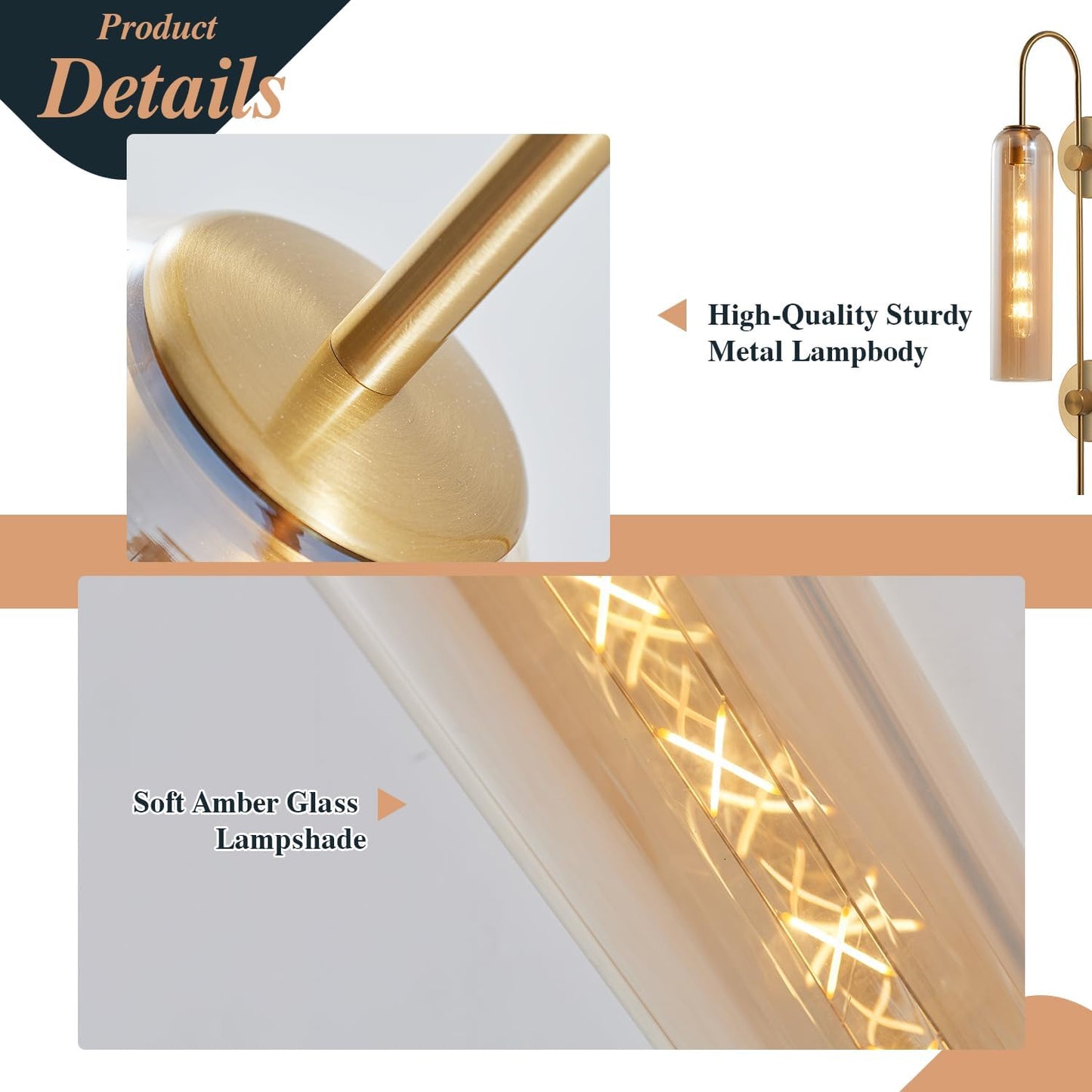 BOKT Modern 1-Light Amber Glass Wall Sconce Plug in Mid Century Brass Gold Wall Sconce Lighting Plug in Cord Industrial Vintage Indoor Long Bathroom Bar Wall Lamp (Amber)