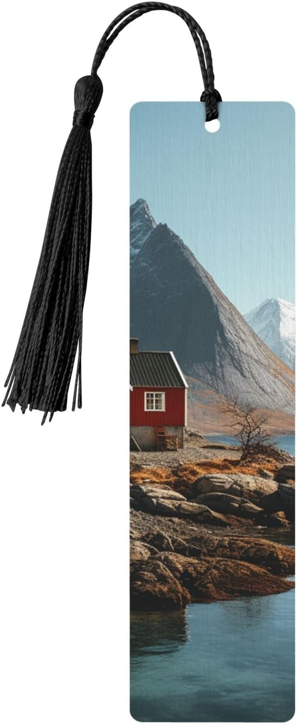 House Near Mountains Bookmarks Gifts for Women Men, Wooden Bookmarks for Book Lovers, Vintage Book Marks Ornaments with Tassel, Unique Personalized Reading Page Markers Black