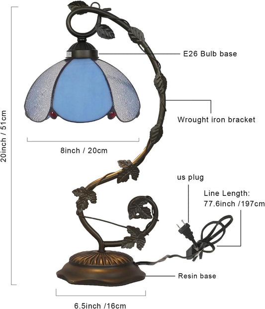 Tiffany Table Lamp, Blue and White Glass Shade with Metal Vine Base, 8x10x20 Inch