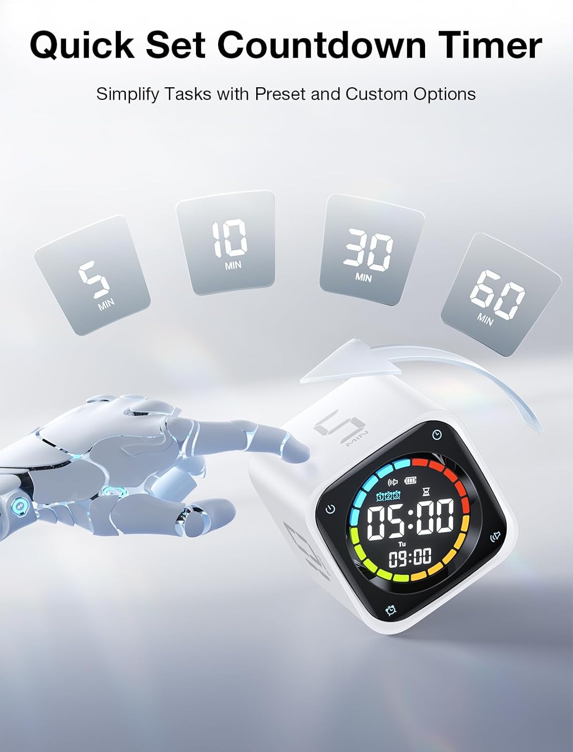 TK3 Pomodoro Timer Cube, Productivity Timer, 5/10/30/60 Min Presets, Custom Countdown, Stopwatch & Clock, Triple Alarms, Silent/Vibration/Sound Alerts, Rechargeable for ADHD Study Task, White