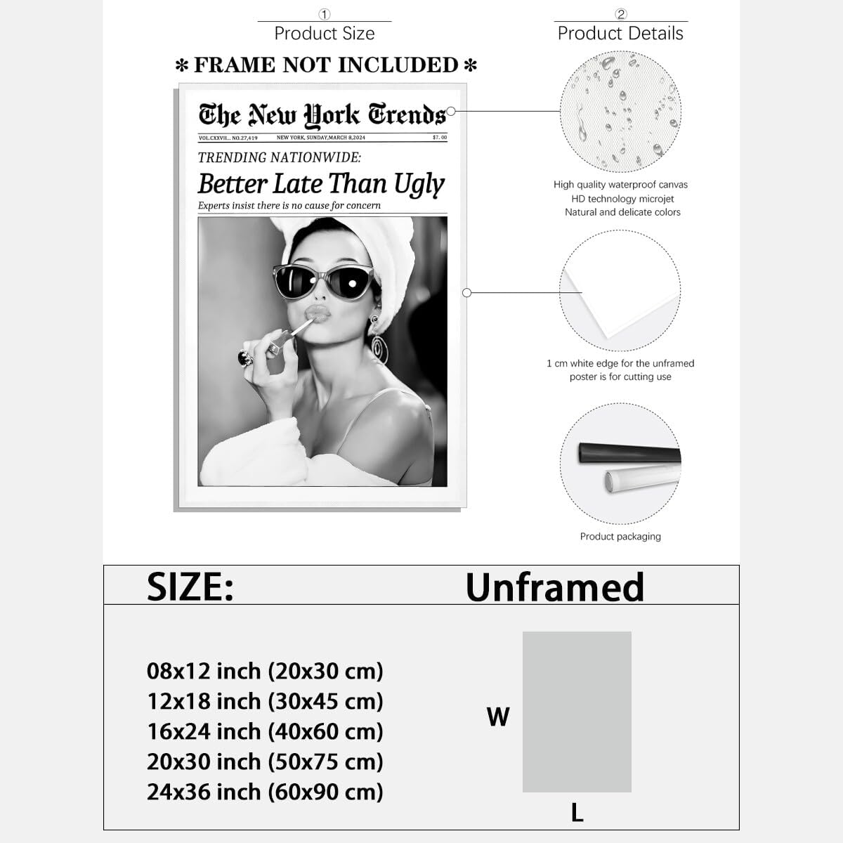 New York Trends Wall Art Black and White Newspaper Better Late Than Ugly Poster Canvas Prints Funky Feminist Posters Trendy College Wall Decor for Bar Cart Girl Dorm Room Bathroom Decorative 12x16inch Unframed