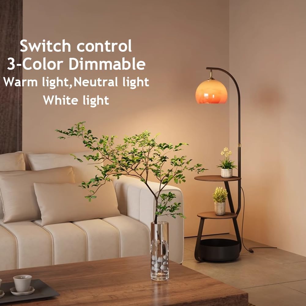 Arc Floor Lamp with Wooden Desktop Orange Glass Floor Light Height Adjustable Globe Glass Standing Lamp E26 Dimmable Tall Light for Living Room Bedroom Study Dining Room Reading Room