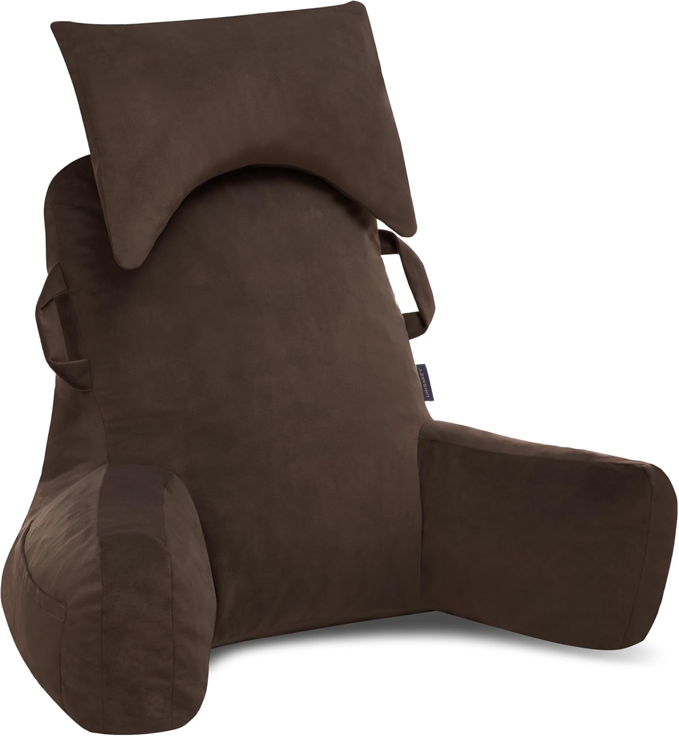 Portable Reading Pillows with Headrest for Bed Sitting Up(Brown Oeko-Tex), Velvet Back Pillow with Arms & Pockets for Adults, Support Memory Foam Bed Pillow for Dorm/Reading/Watching/Gaming