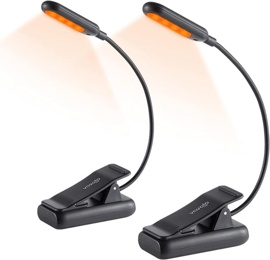 VAVOFO Amber Rechargeable Book Lights, Blue Light Blocking Reading Lights, 7 LEDs Eye Care 9 Colors 9 Brightness Clip On for Bookworms with Power Indicator Lasting 70h (2-Pack, Black)