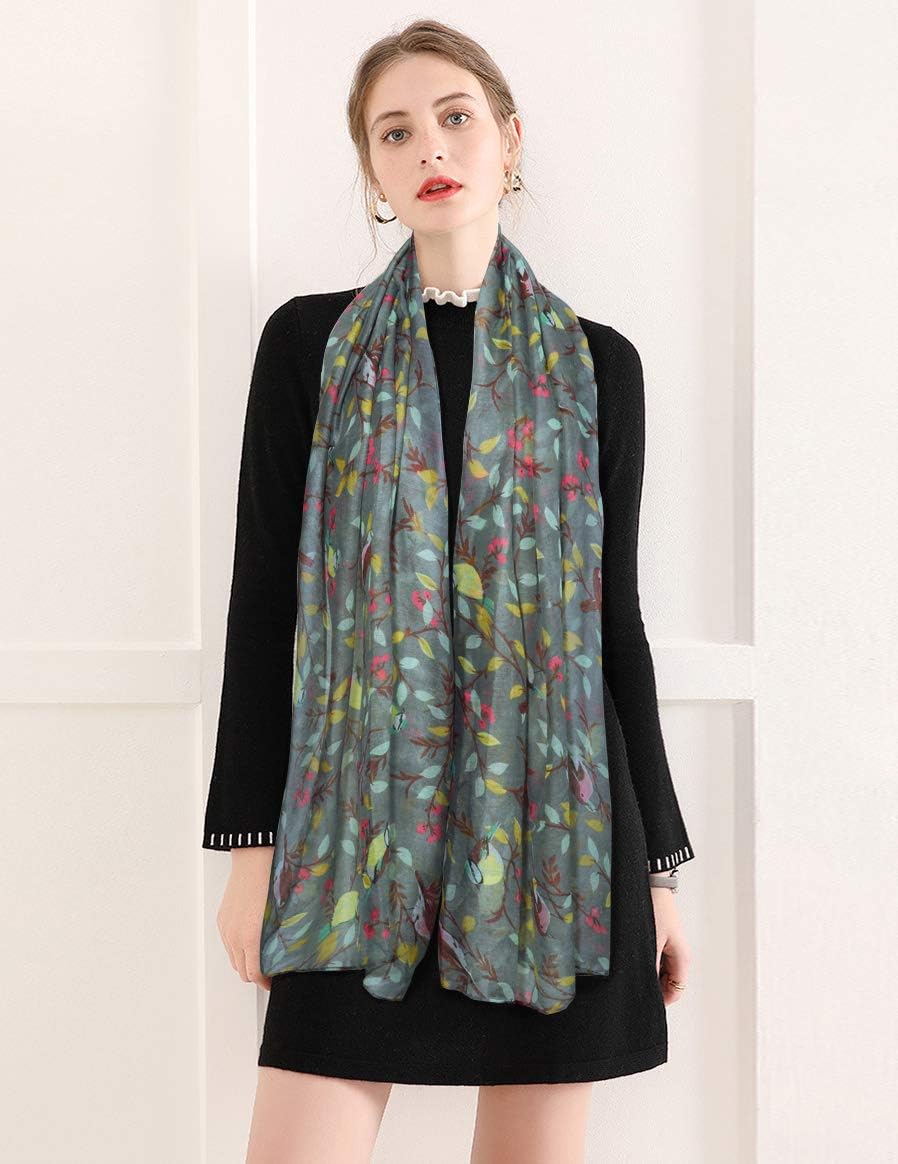 GERINLY Scarfs for Women Lightweight Floral Birds Print Cotton Scarves and Wraps for Spring Shawl Boho Scarf