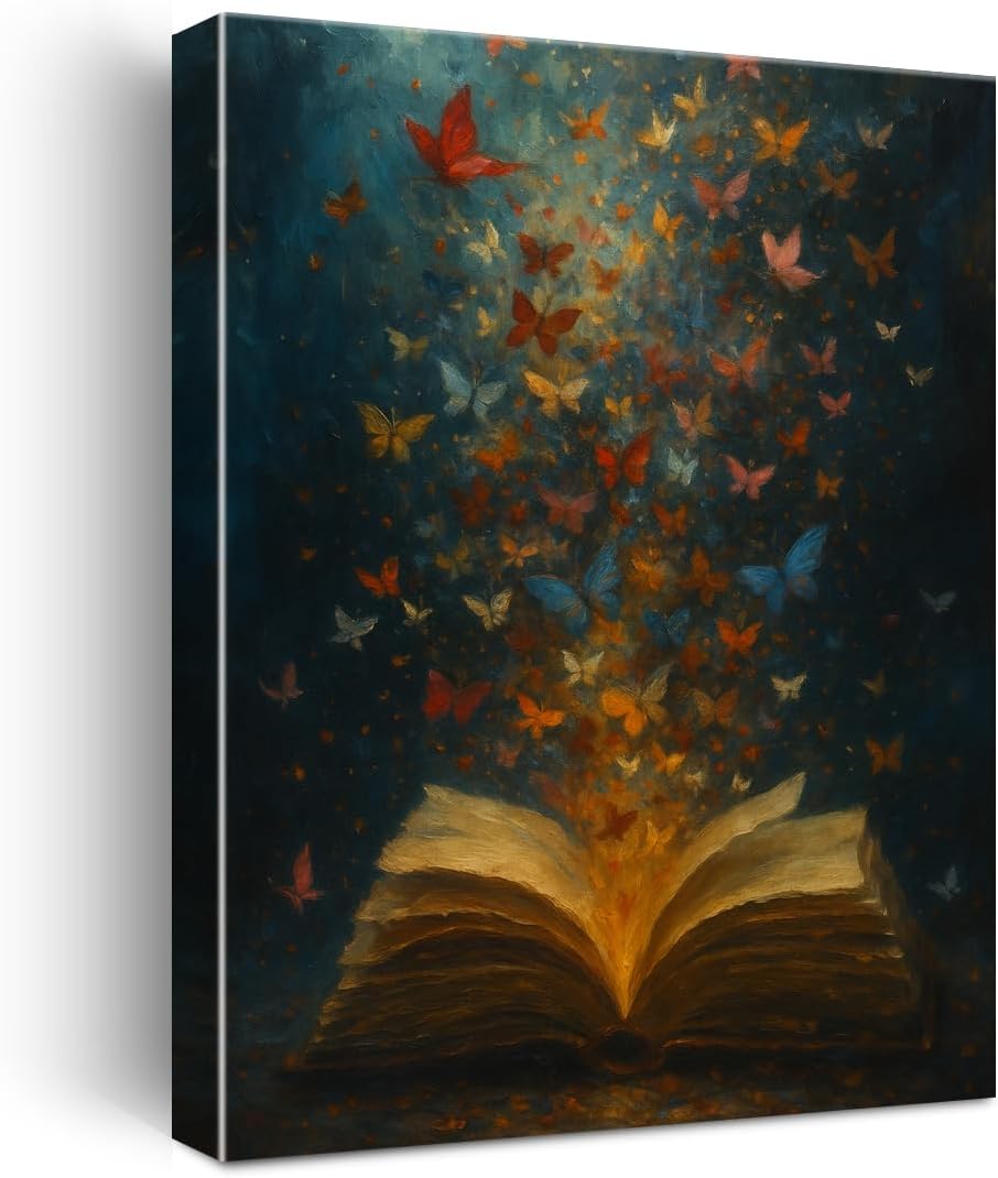 Book Wall Art, Retro Book and Butterflies Canvas Wall Decor for Library Study Bedroom Reading Room, Book Lover Gift Aesthetic Framed Canvas Artwork, 8x10 Inch