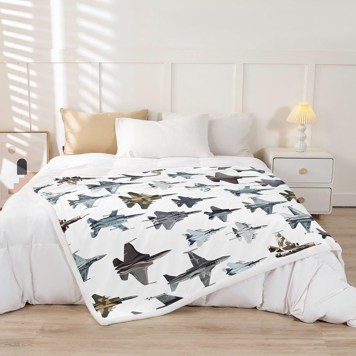 Erosebridal Fighter Aircraft Blanket for Kids Boys, Camouflage Military Jet Print Throw Blanket for Youth Men, Army Fighter Jet Fleece Blanket, Modern Flying Airplane Plush Blanket, Baby Size